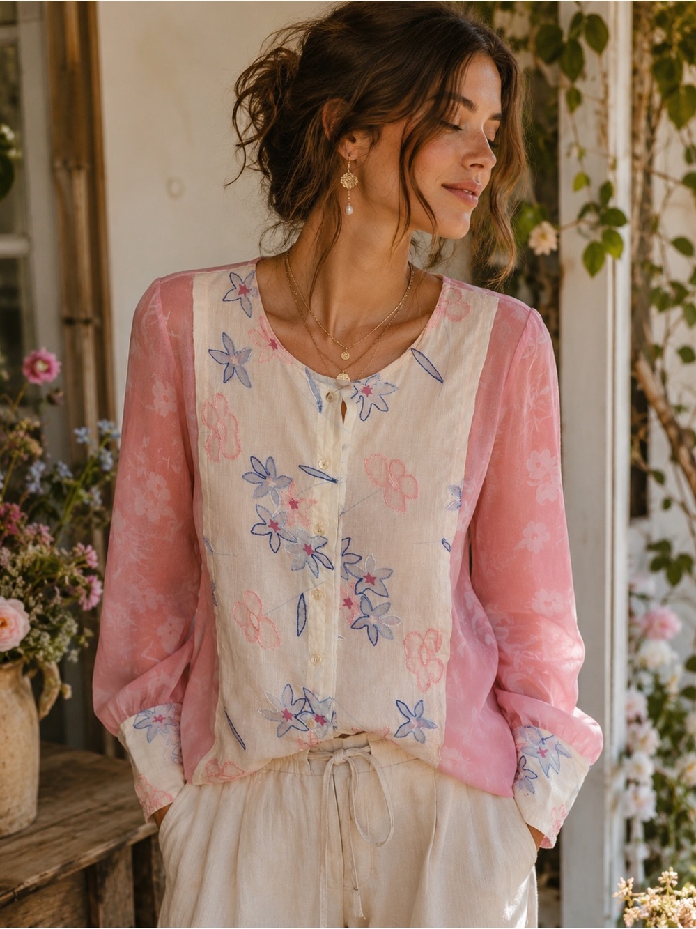 Embroidered Floral Chiffon Blouse Pink Cream
